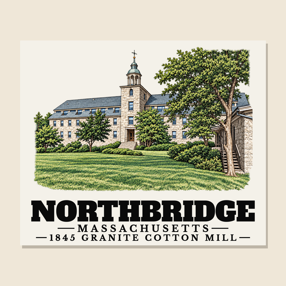 1845 Granite Cotton Mill — Northbridge, Massachusetts woven blanket design with town lettering