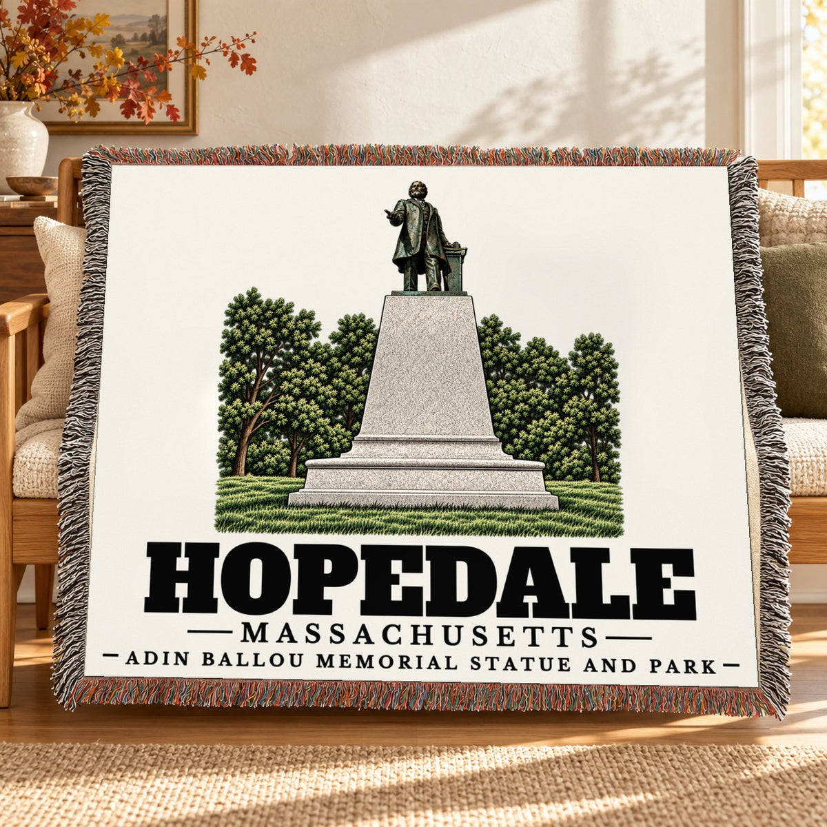 Adin Ballou Memorial Statue and Park woven blanket draped on a sofa in a living room — Hopedale, Massachusetts