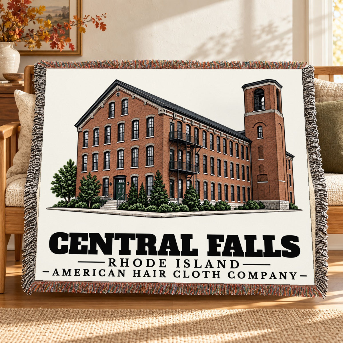 American Hair Cloth Company woven blanket draped on a sofa in a living room — Central Falls, Rhode Island