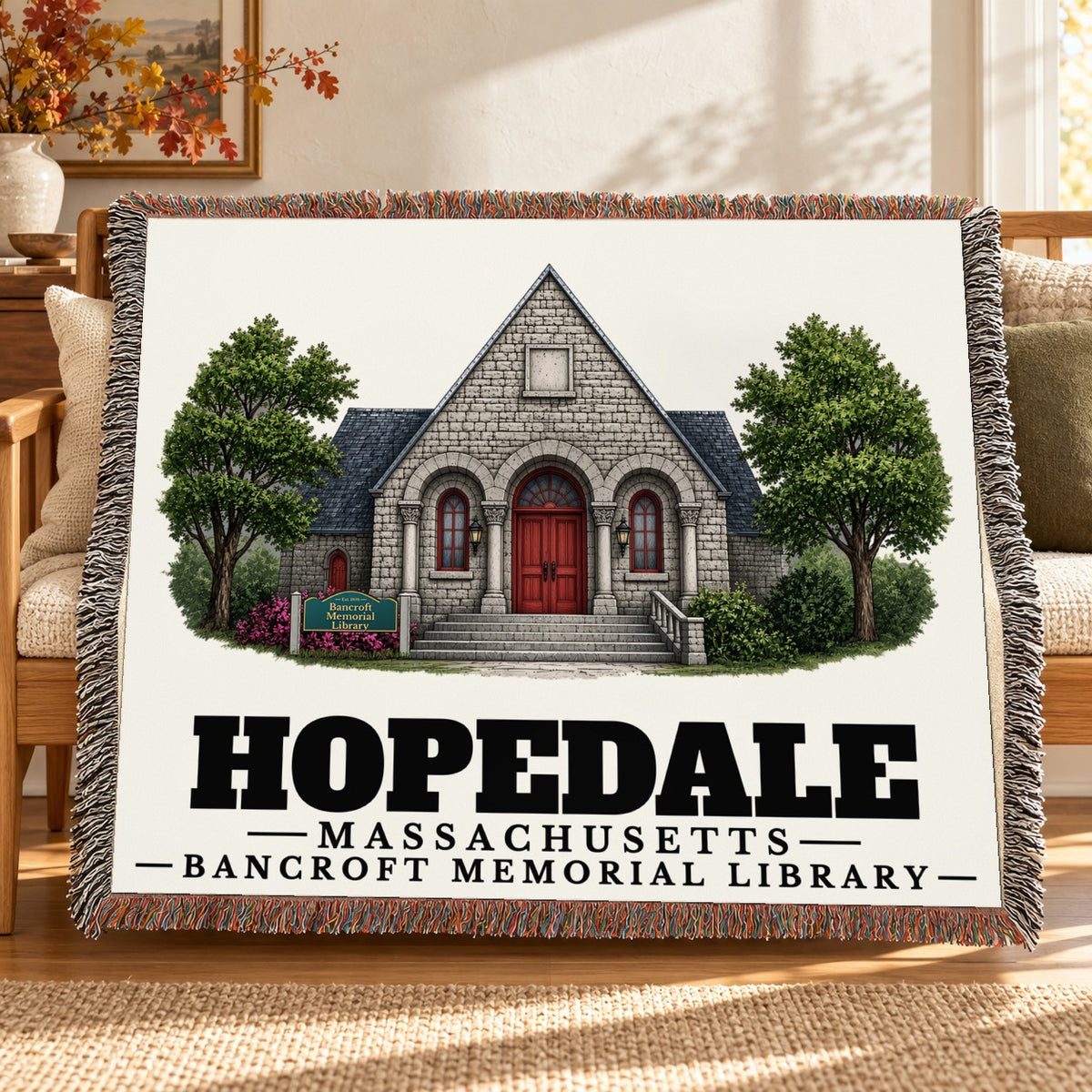Bancroft Memorial Library woven blanket draped on a sofa in a living room — Hopedale, Massachusetts