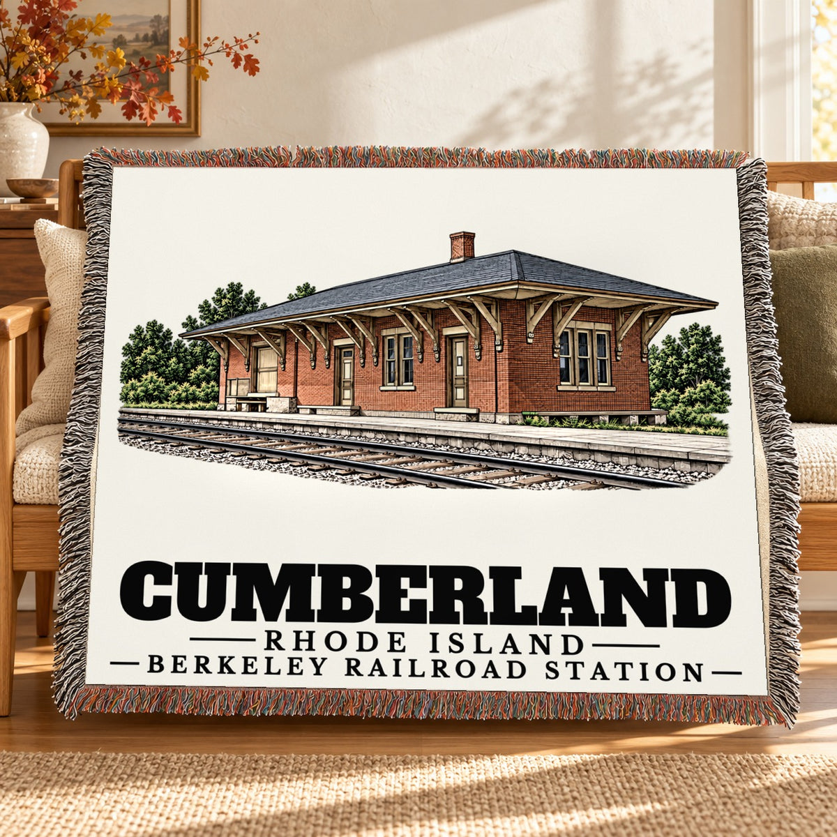 Berkeley Railroad Station woven blanket draped on a sofa in a living room — Cumberland, Rhode Island