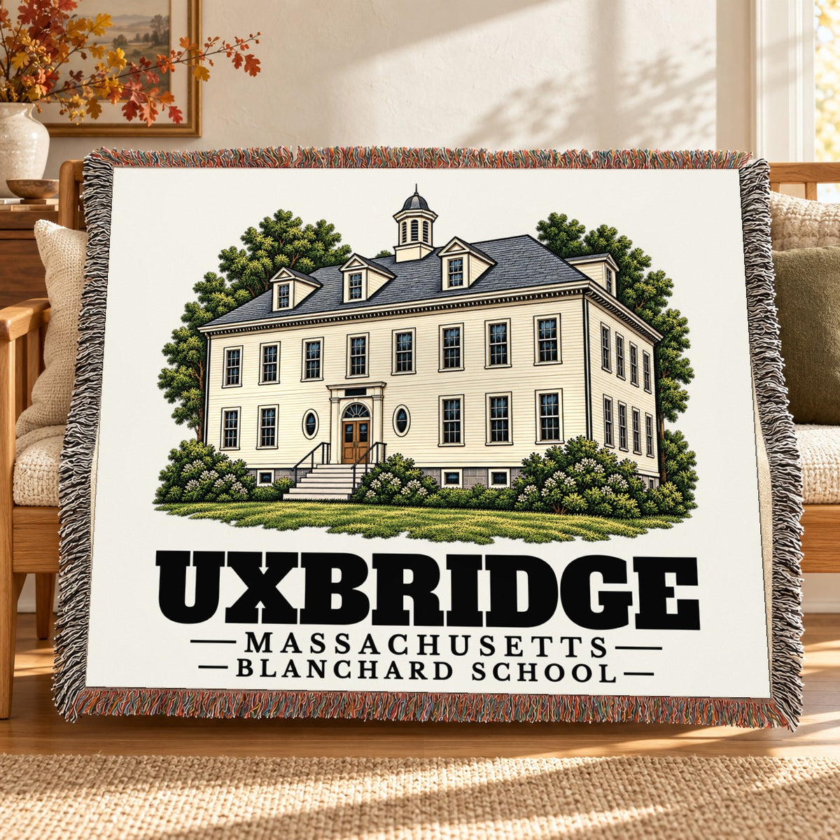 Blanchard School woven blanket draped on a sofa in a living room — Uxbridge, Massachusetts