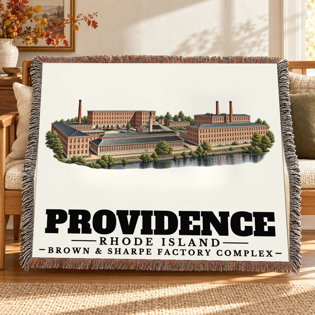 Brown & Sharpe Factory Complex woven blanket draped on a sofa in a living room — Providence, Rhode Island