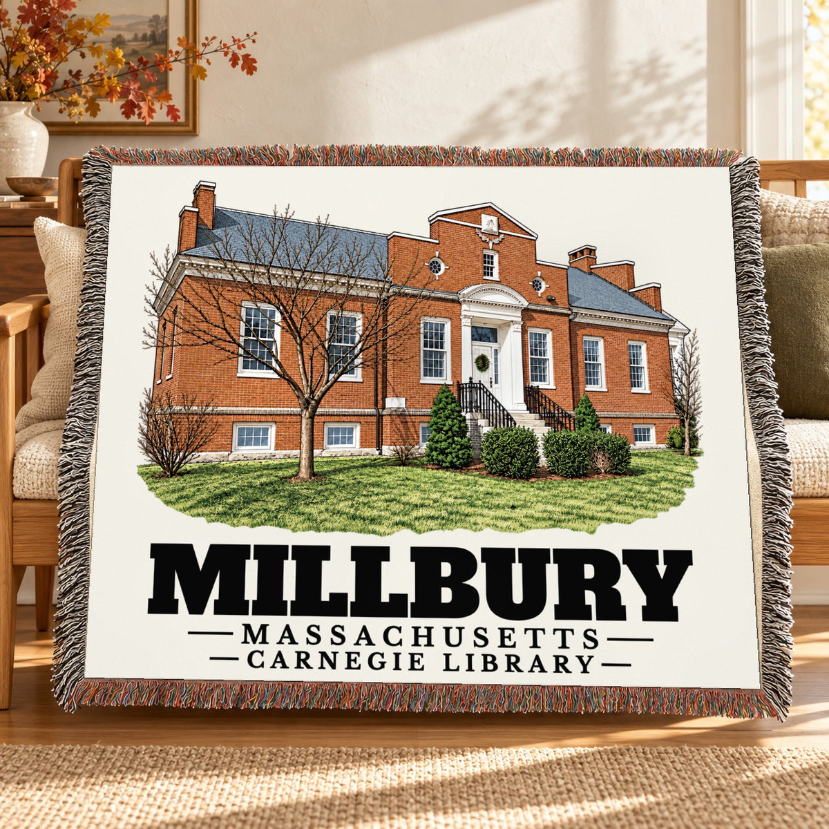 Carnegie Library woven blanket draped on a sofa in a living room — Millbury, Massachusetts