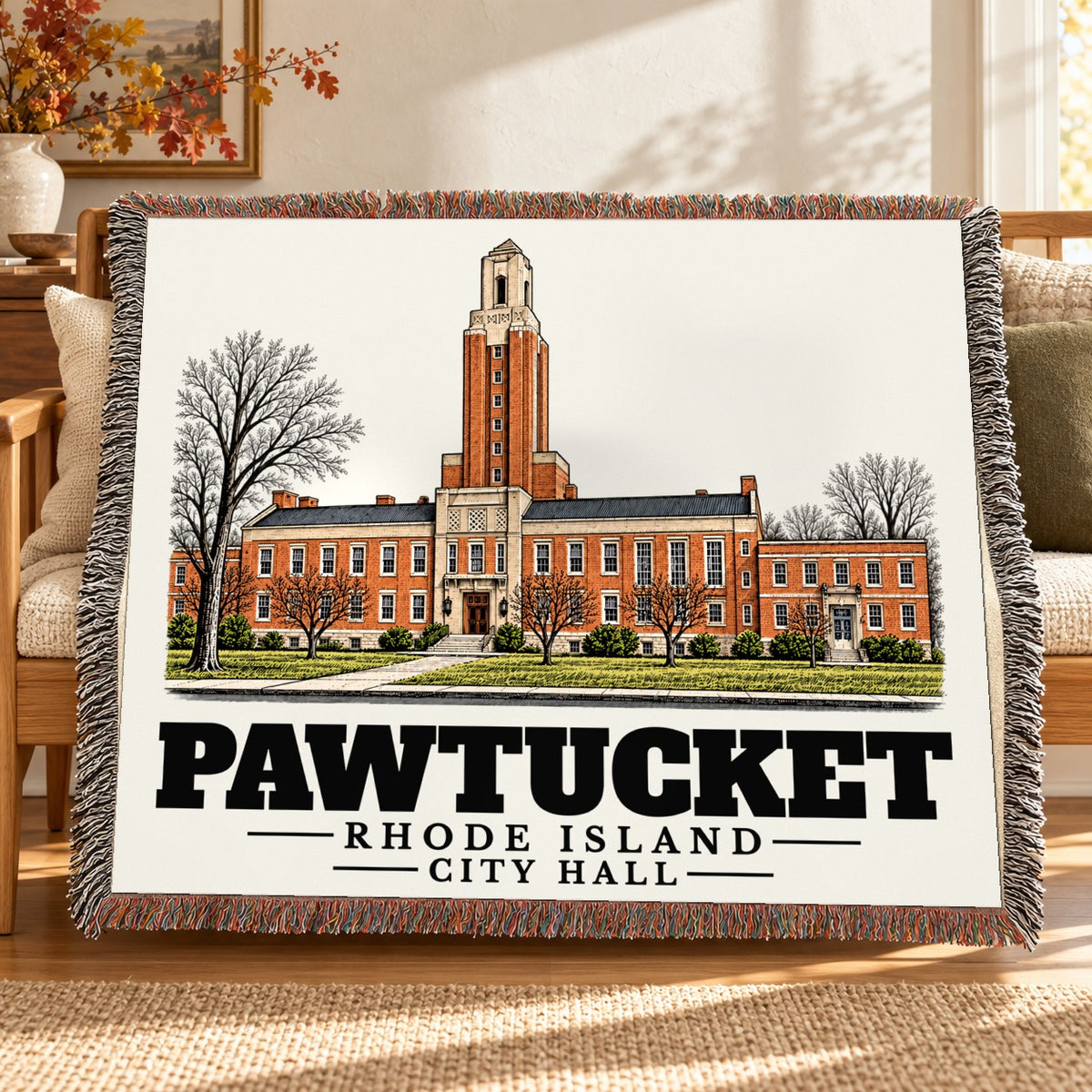 City Hall woven blanket draped on a sofa in a living room — Pawtucket, Rhode Island