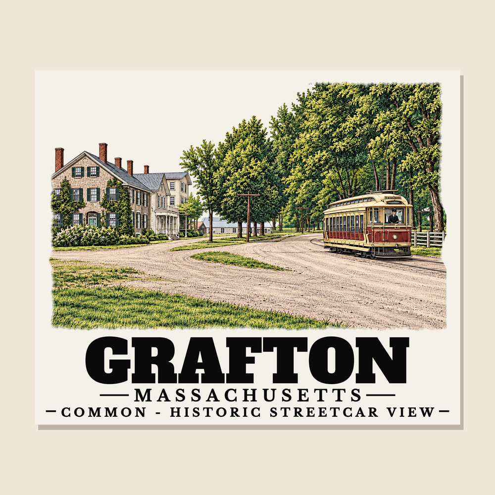 Common - Historic Streetcar View — Grafton, Massachusetts woven blanket design with town lettering