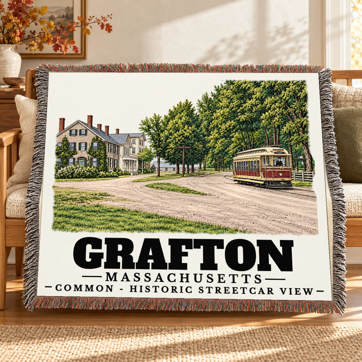 Common - Historic Streetcar View woven blanket draped on a sofa in a living room — Grafton, Massachusetts