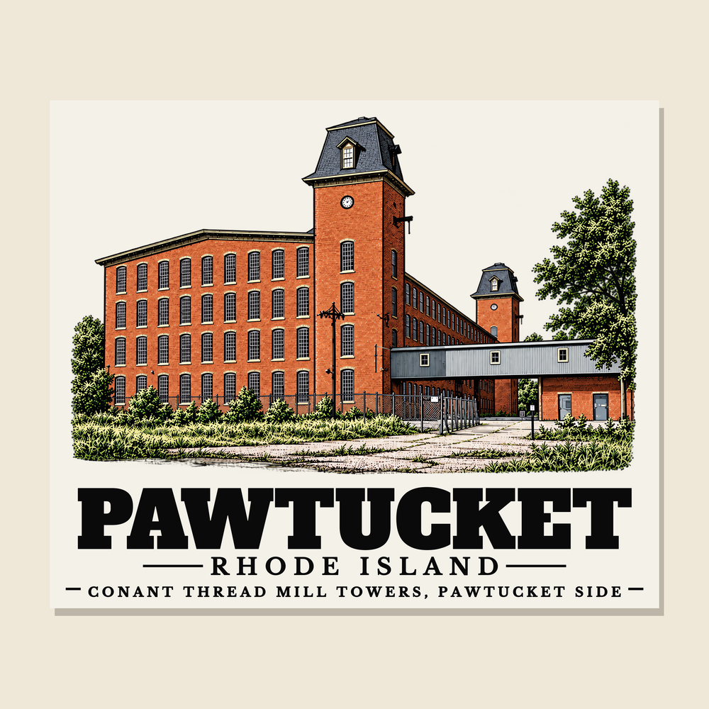 Conant Thread Mill Towers, Pawtucket Side — Pawtucket, Rhode Island woven blanket design with town lettering