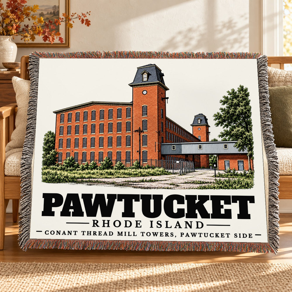Conant Thread Mill Towers, Pawtucket Side woven blanket draped on a sofa in a living room — Pawtucket, Rhode Island