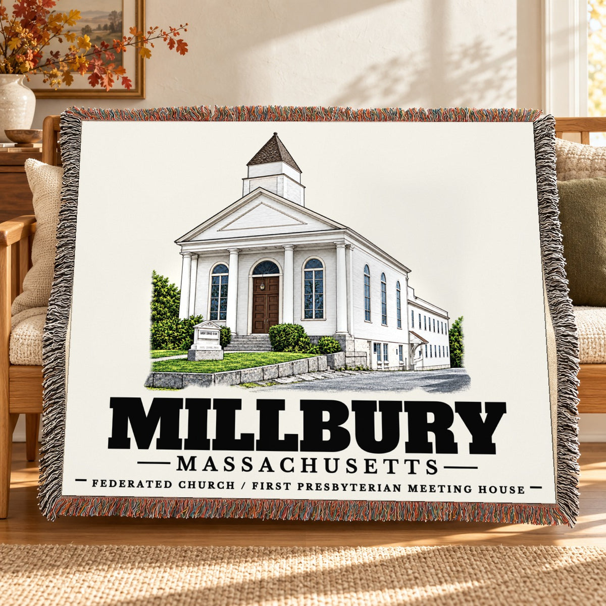 Federated Church / First Presbyterian Meeting House woven blanket draped on a sofa in a living room — Millbury, Massachusetts