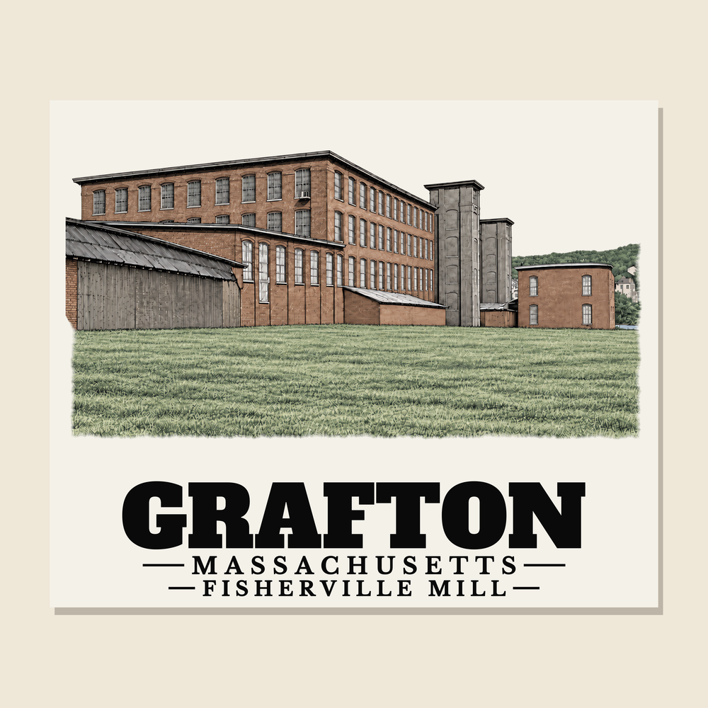 Fisherville Mill — Grafton, Massachusetts woven blanket design with town lettering
