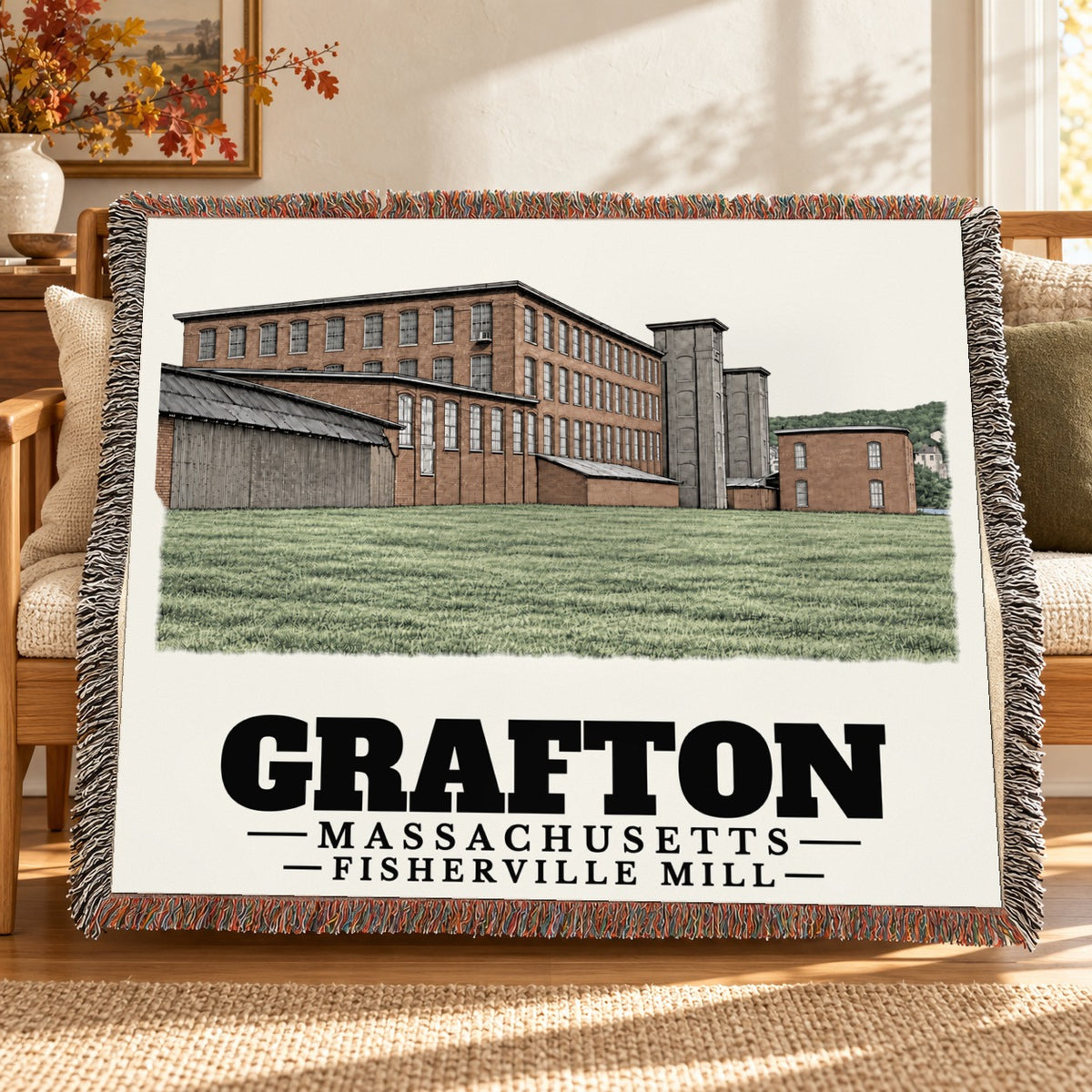 Fisherville Mill woven blanket draped on a sofa in a living room — Grafton, Massachusetts