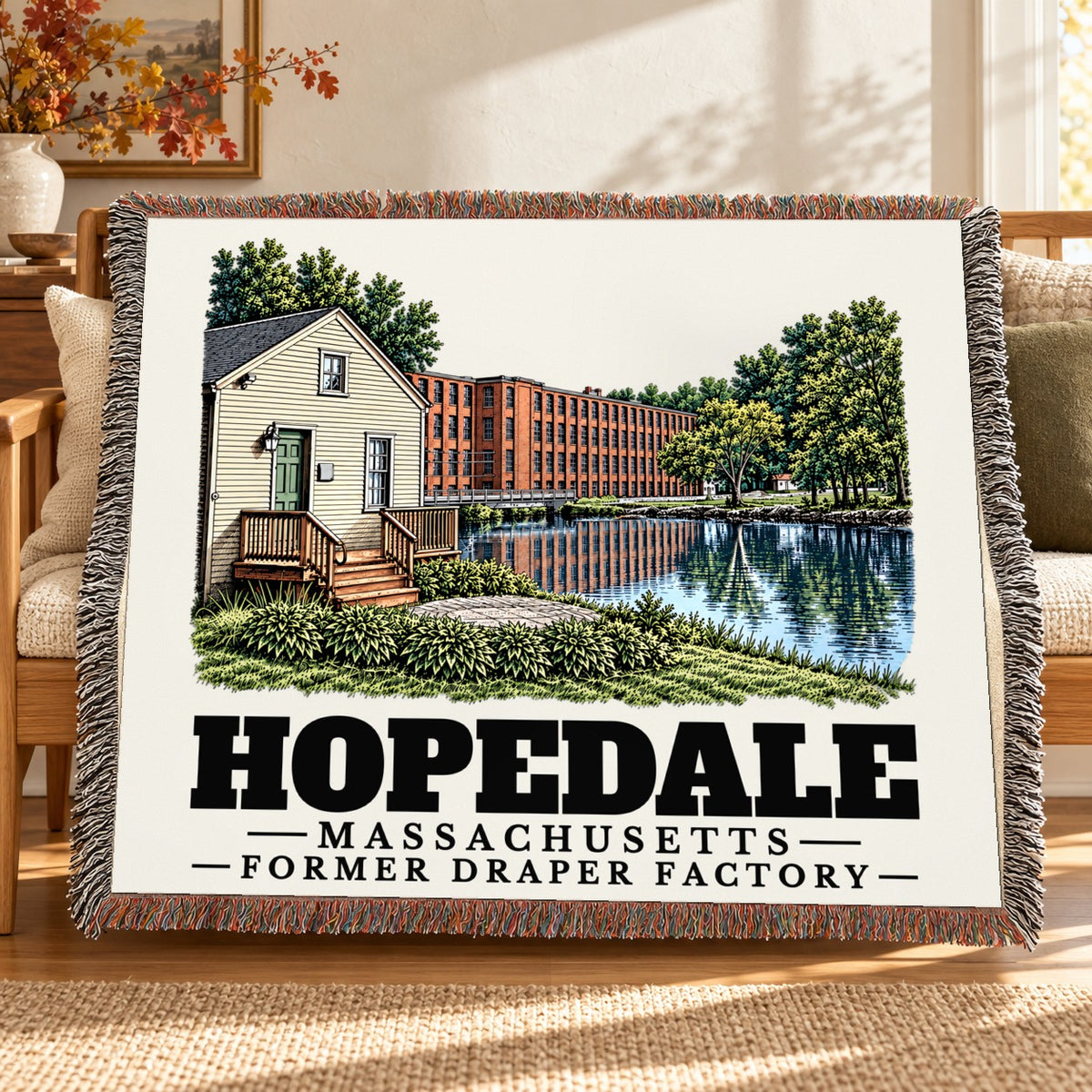 Former Draper Factory woven blanket draped on a sofa in a living room — Hopedale, Massachusetts