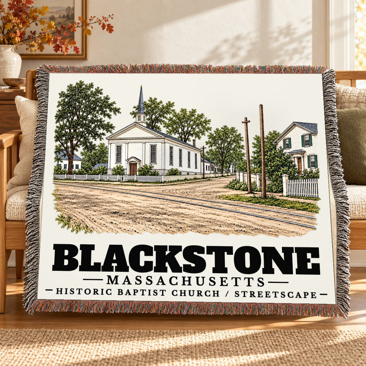 Historic Baptist Church / Streetscape woven blanket draped on a sofa in a living room — Blackstone, Massachusetts