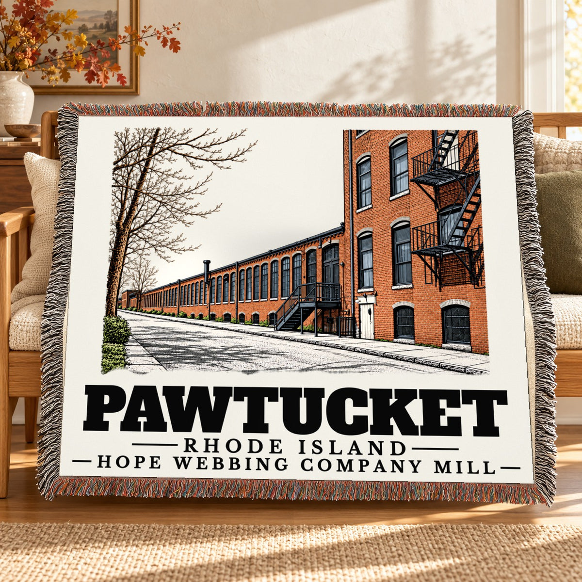 Hope Webbing Company Mill woven blanket draped on a sofa in a living room — Pawtucket, Rhode Island