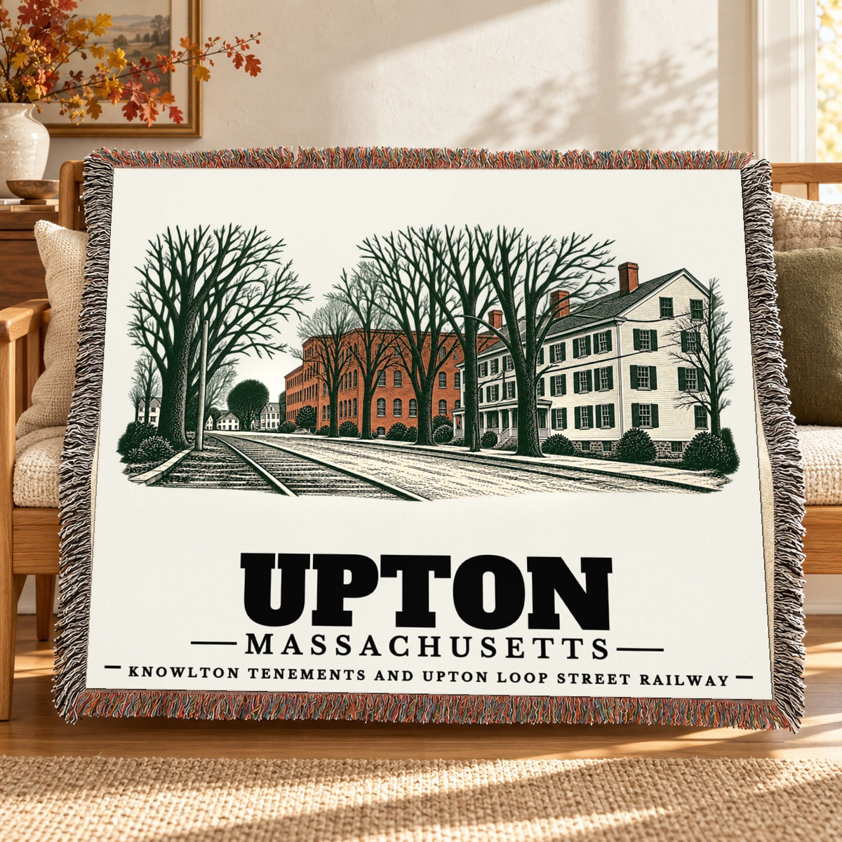 Knowlton Tenements and Upton Loop Street Railway woven blanket draped on a sofa in a living room — Upton, Massachusetts