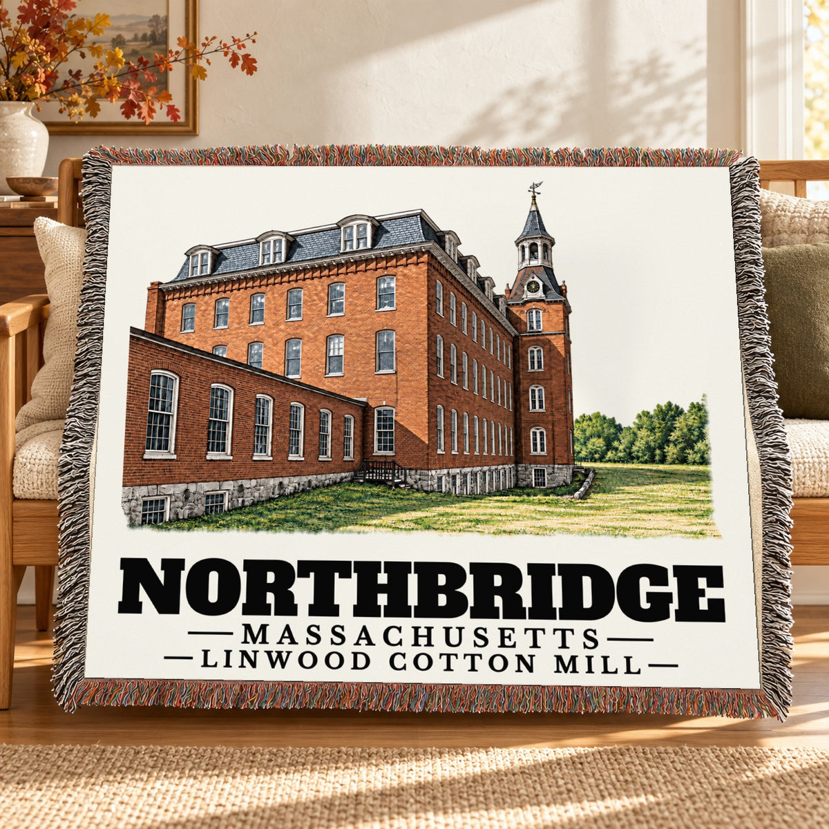 Linwood Cotton Mill woven blanket draped on a sofa in a living room — Northbridge, Massachusetts
