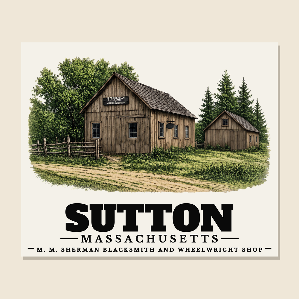 M. M. Sherman Blacksmith and Wheelwright Shop — Sutton, Massachusetts woven blanket design with town lettering