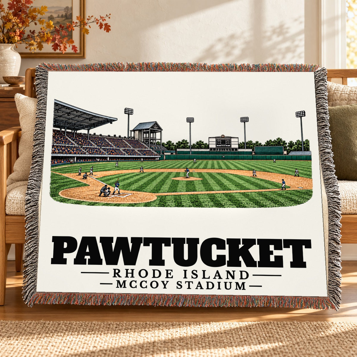 McCoy Stadium woven blanket draped on a sofa in a living room — Pawtucket, Rhode Island