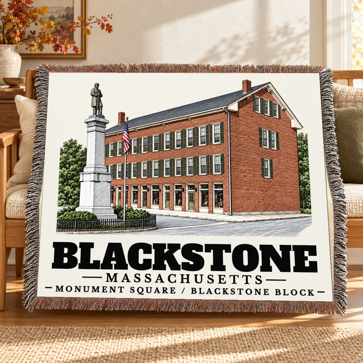 Monument Square / Blackstone Block woven blanket draped on a sofa in a living room — Blackstone, Massachusetts