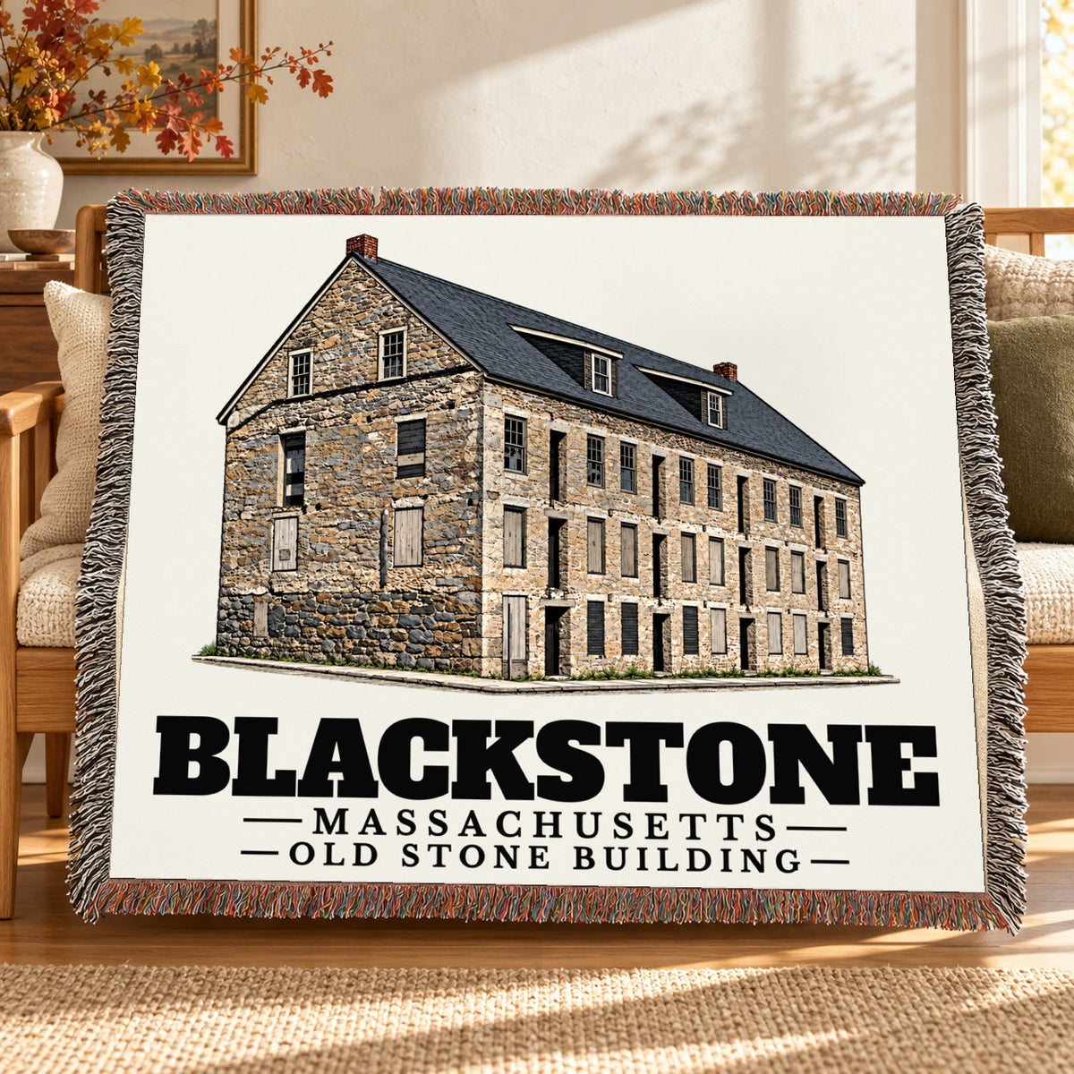 Old Stone Building woven blanket draped on a sofa in a living room — Blackstone, Massachusetts