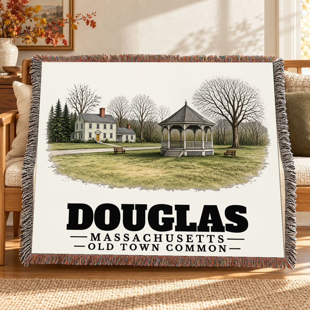 Old Town Common woven blanket draped on a sofa in a living room — Douglas, Massachusetts