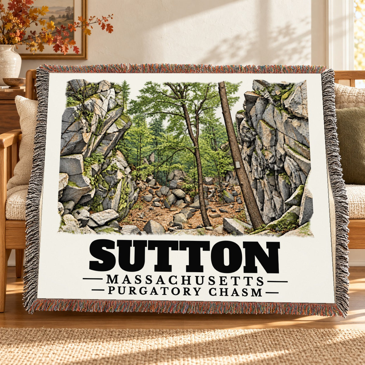 Purgatory Chasm woven blanket draped on a sofa in a living room — Sutton, Massachusetts