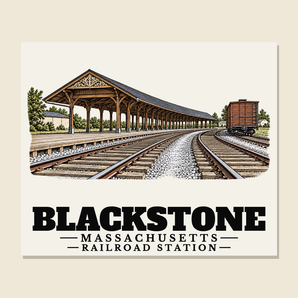 Railroad Station — Blackstone, Massachusetts woven blanket design with town lettering