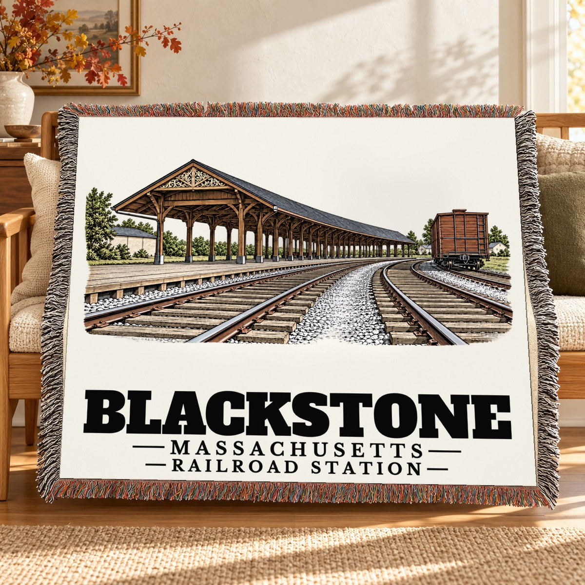Railroad Station woven blanket draped on a sofa in a living room — Blackstone, Massachusetts