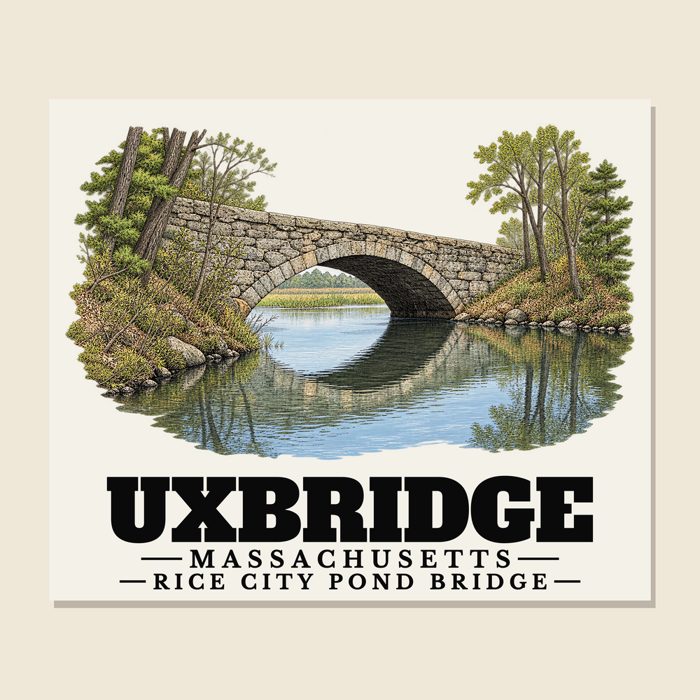 Rice City Pond Bridge — Uxbridge, Massachusetts woven blanket design with town lettering
