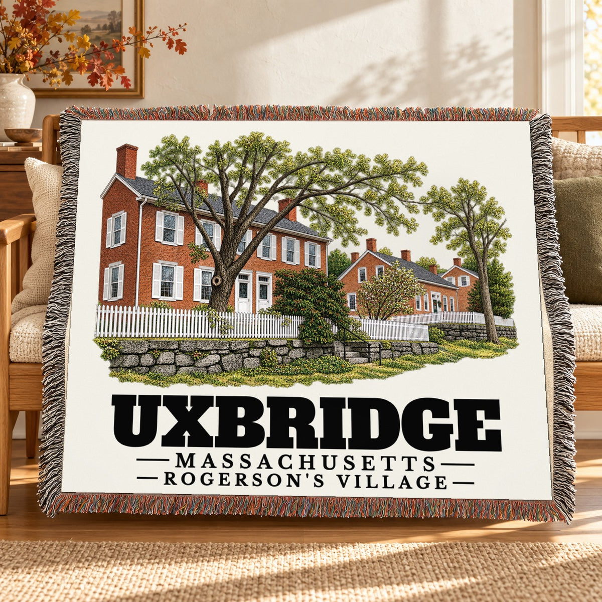 Rogerson's Village woven blanket draped on a sofa in a living room — Uxbridge, Massachusetts