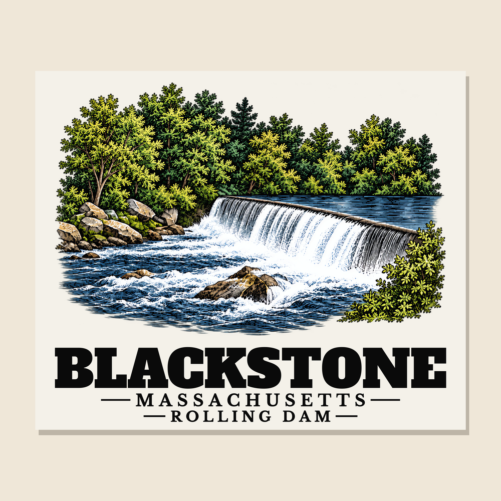Rolling Dam — Blackstone, Massachusetts woven blanket design with town lettering