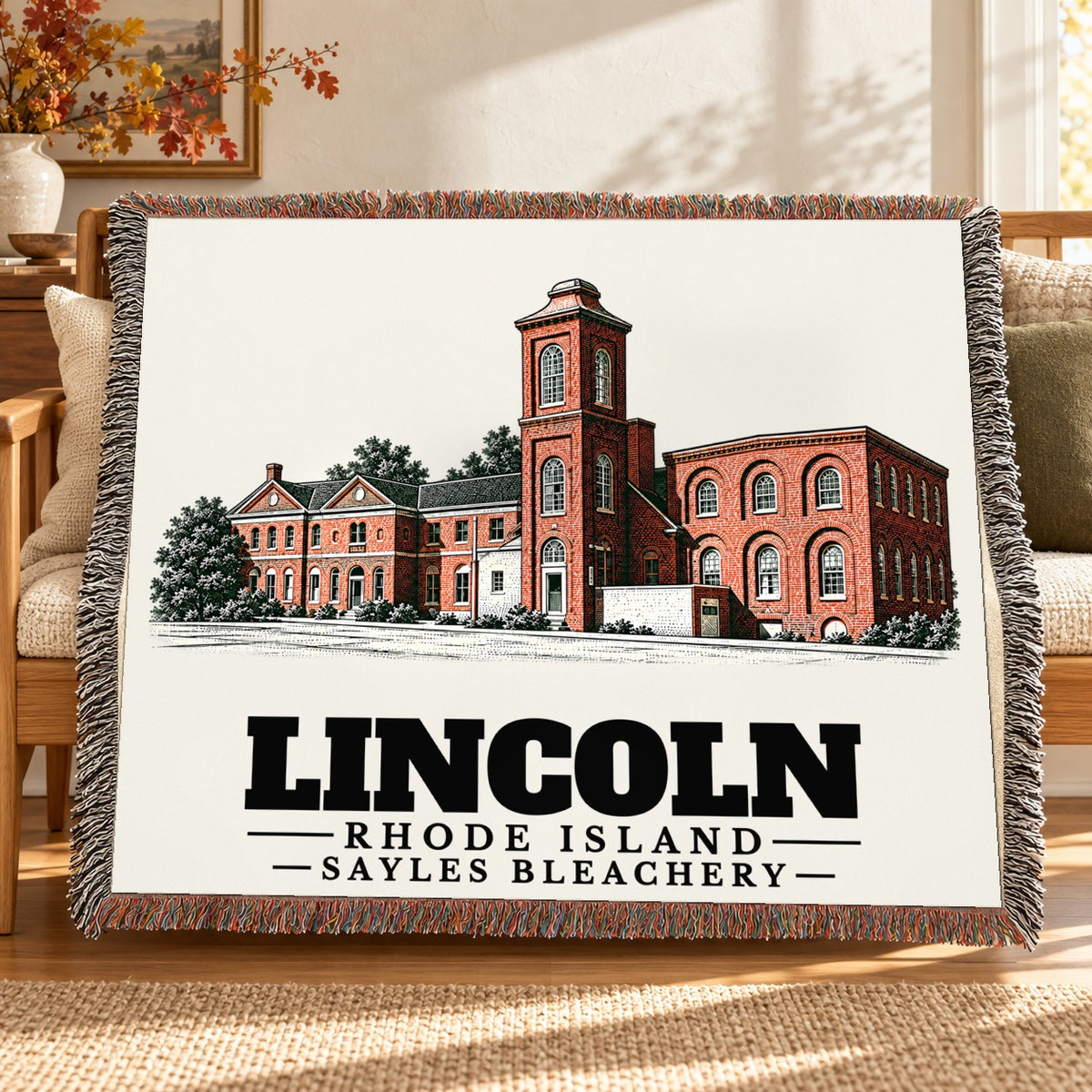 Sayles Bleachery woven blanket draped on a sofa in a living room — Lincoln, Rhode Island