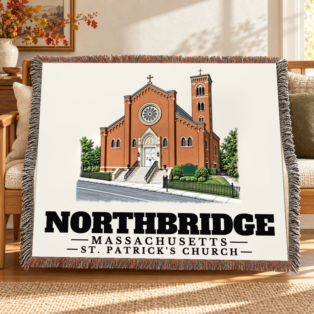St. Patrick's Church woven blanket draped on a sofa in a living room — Northbridge, Massachusetts