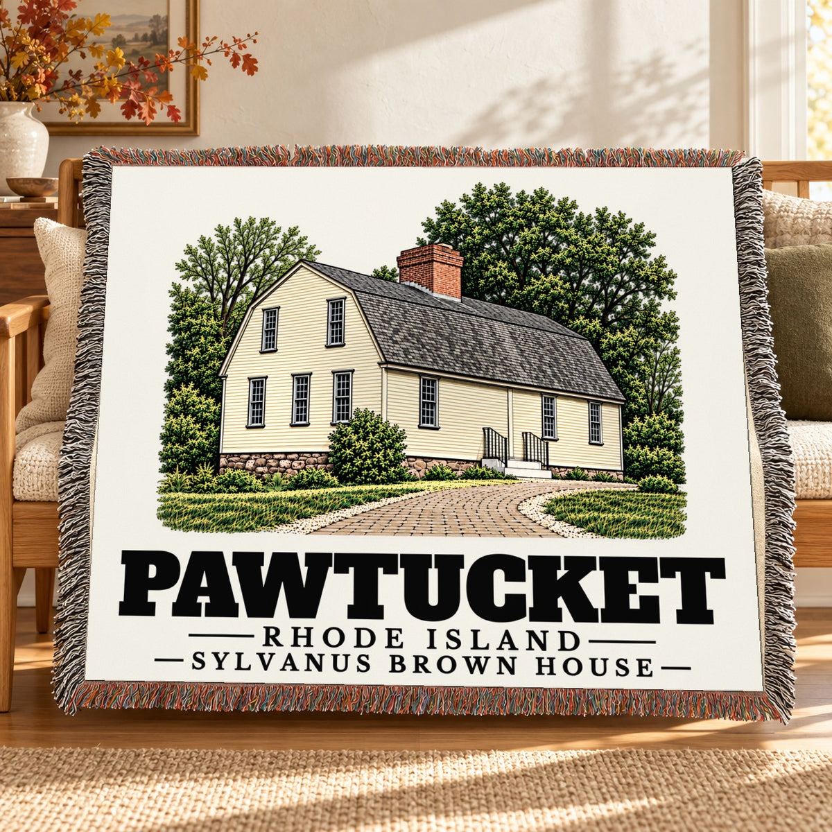 Sylvanus Brown House woven blanket draped on a sofa in a living room — Pawtucket, Rhode Island