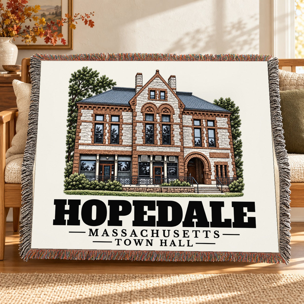 Town Hall woven blanket draped on a sofa in a living room — Hopedale, Massachusetts
