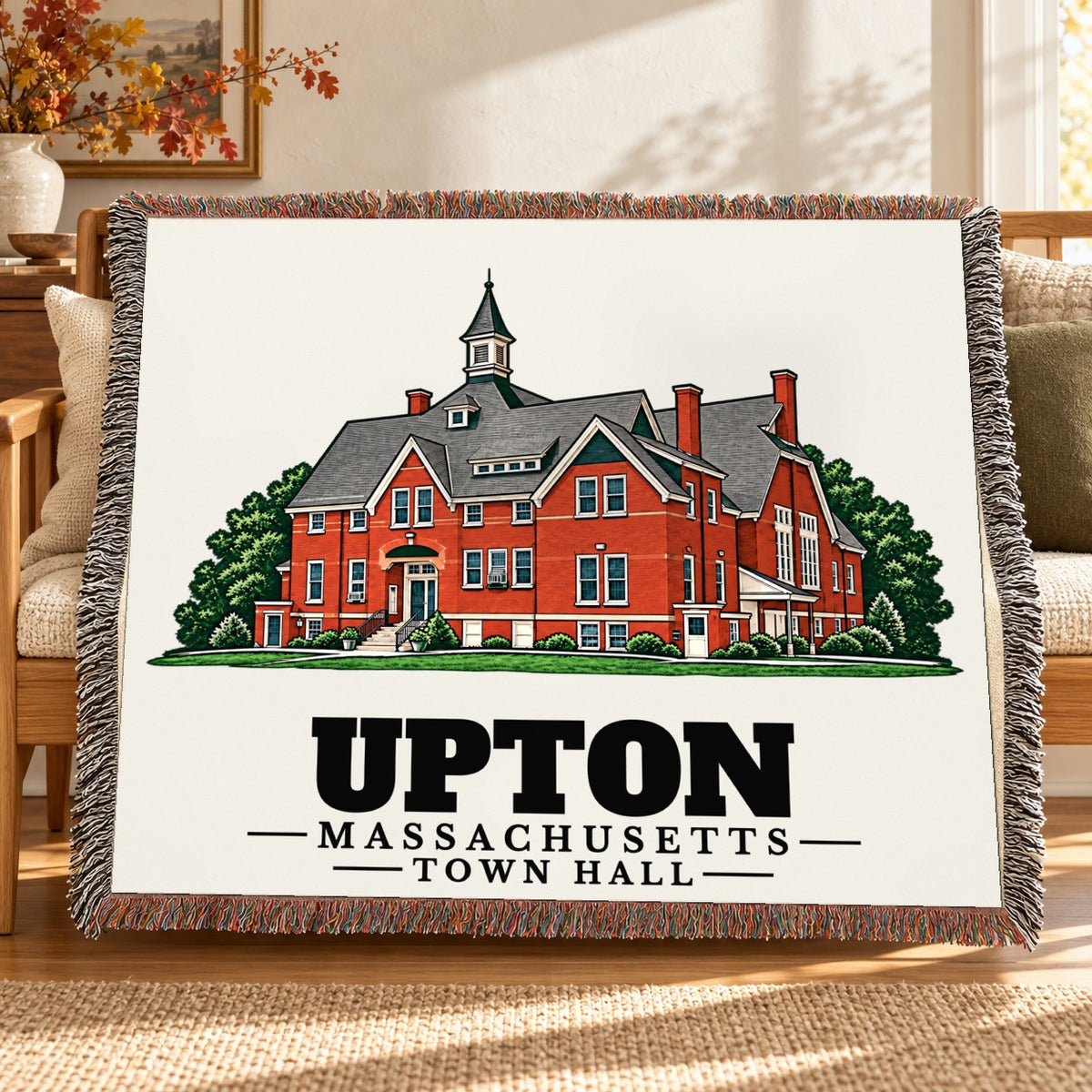 Town Hall woven blanket draped on a sofa in a living room — Upton, Massachusetts
