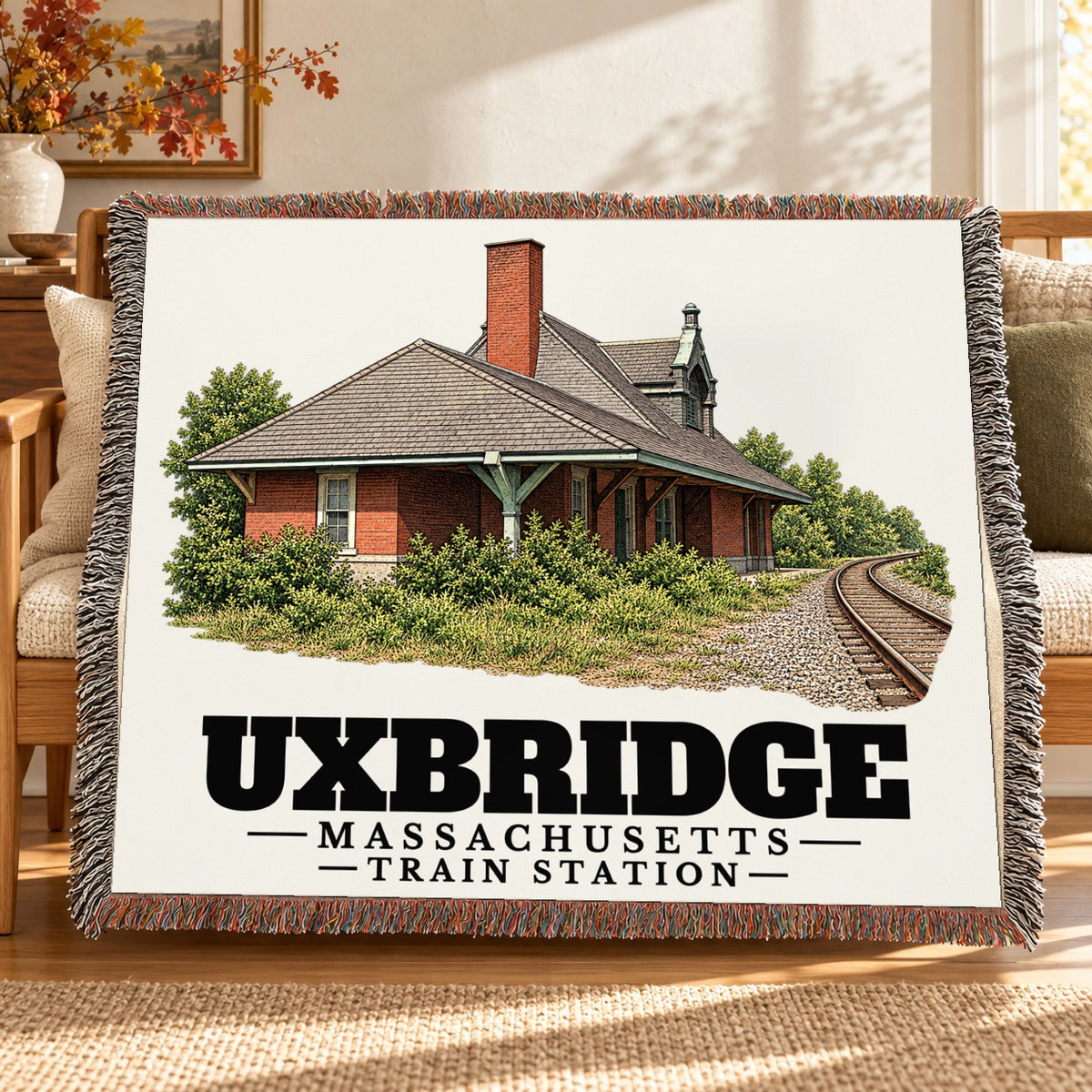 Train Station woven blanket draped on a sofa in a living room — Uxbridge, Massachusetts