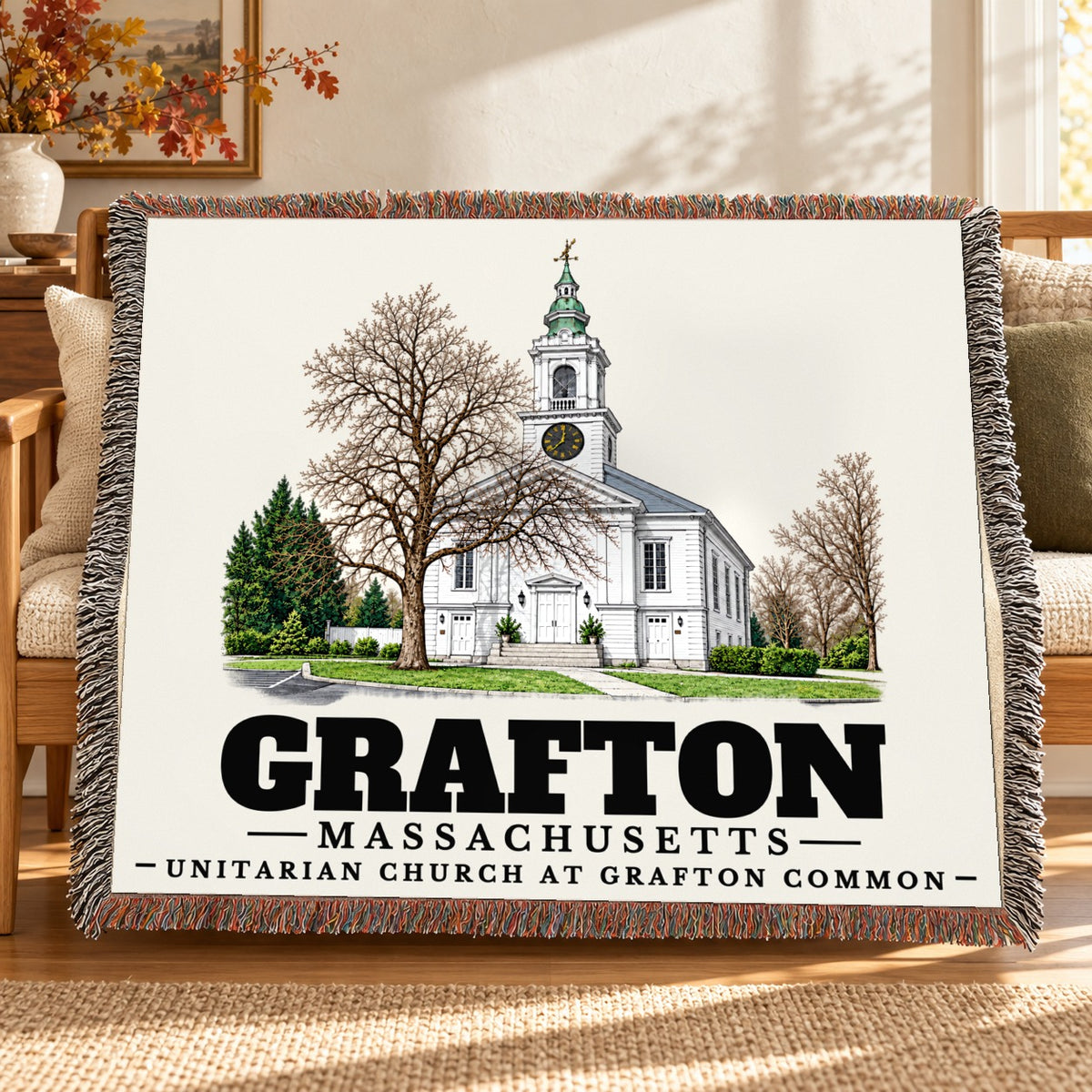 Unitarian Church at Grafton Common woven blanket draped on a sofa in a living room — Grafton, Massachusetts