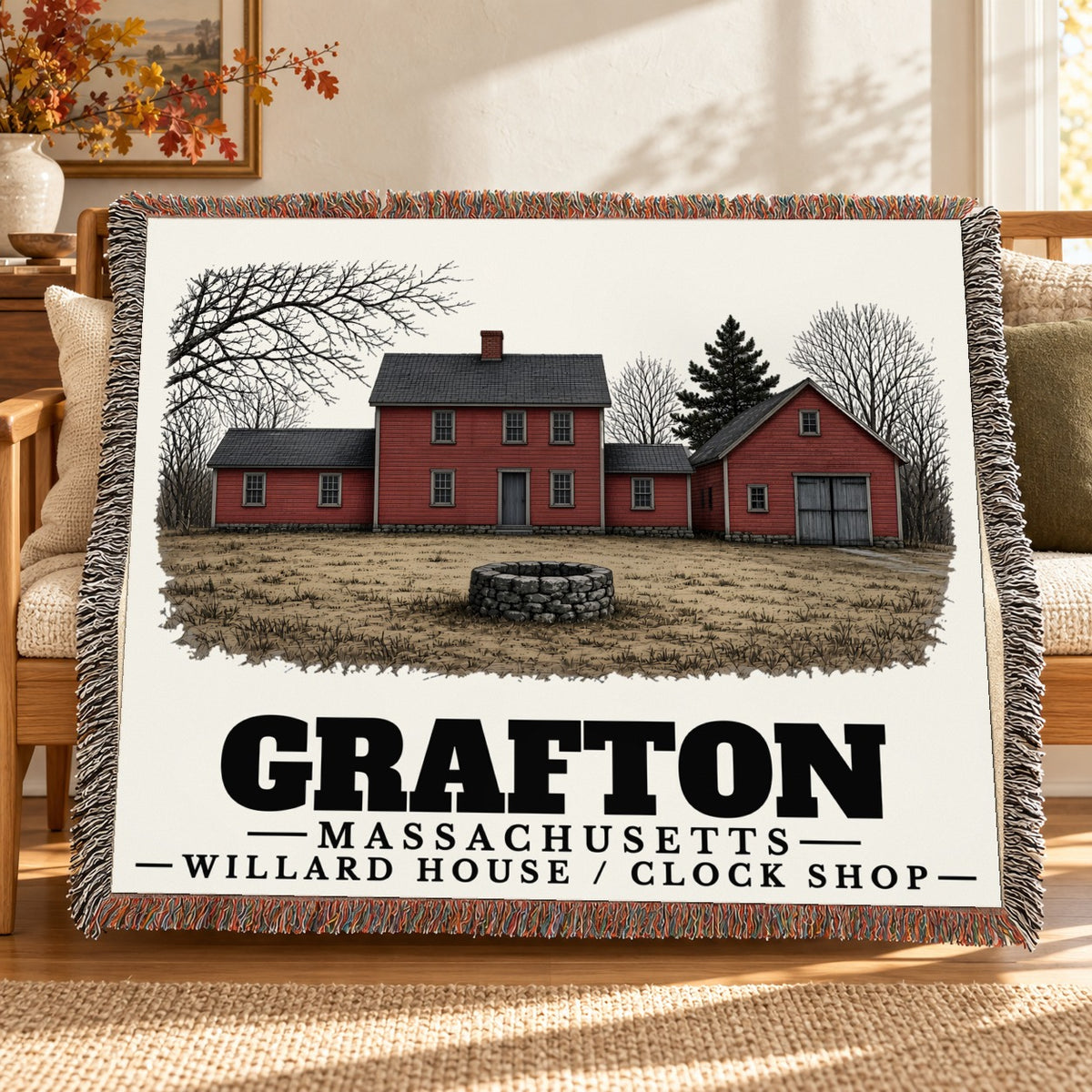 Willard House / Clock Shop woven blanket draped on a sofa in a living room — Grafton, Massachusetts