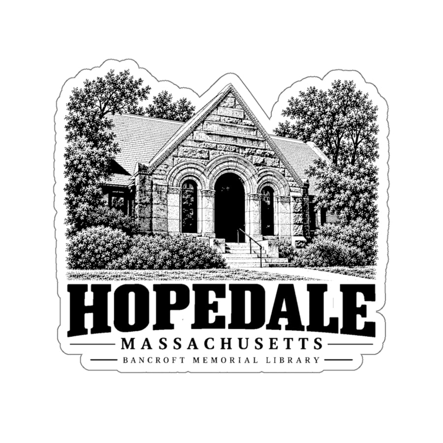 Hopedale Bancroft Memorial Library on white 4-inch die-cut vinyl sticker, front view