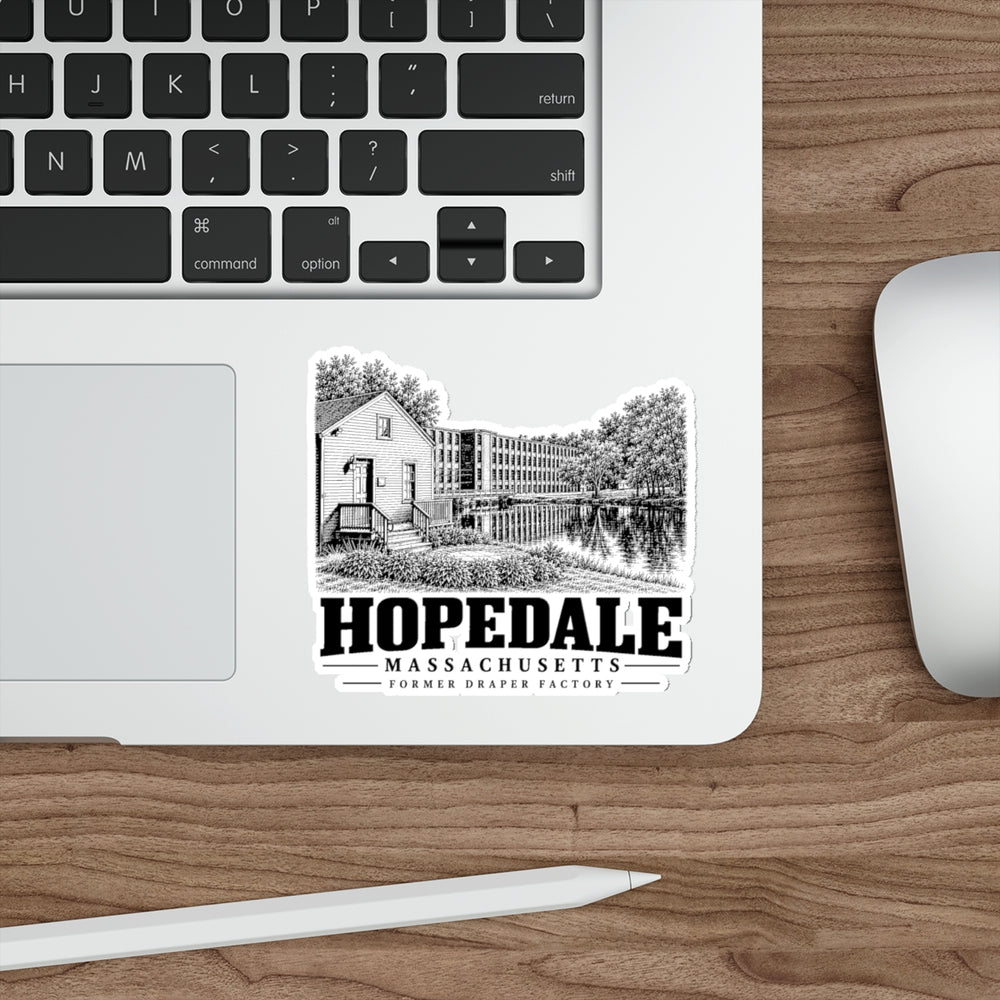 Hopedale Former Draper Factory on white 4-inch die-cut vinyl sticker, laptop context