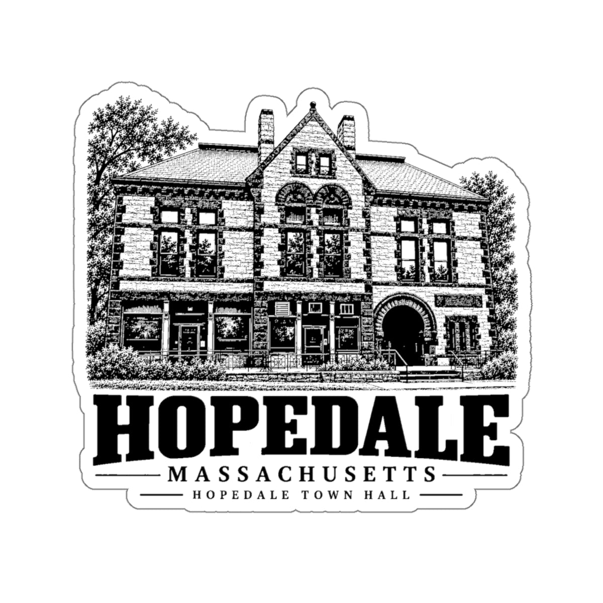 Hopedale Town Hall on white 4-inch die-cut vinyl sticker, front view