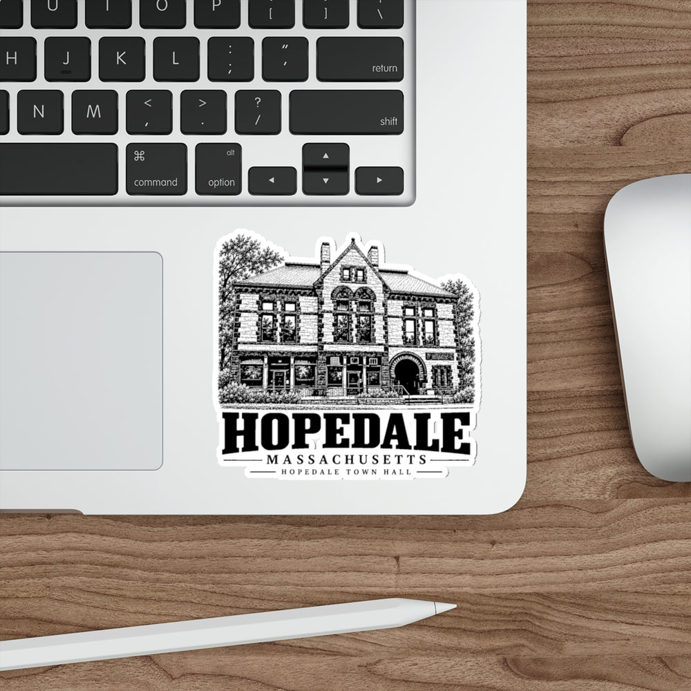 Hopedale Town Hall on white 4-inch die-cut vinyl sticker, laptop context