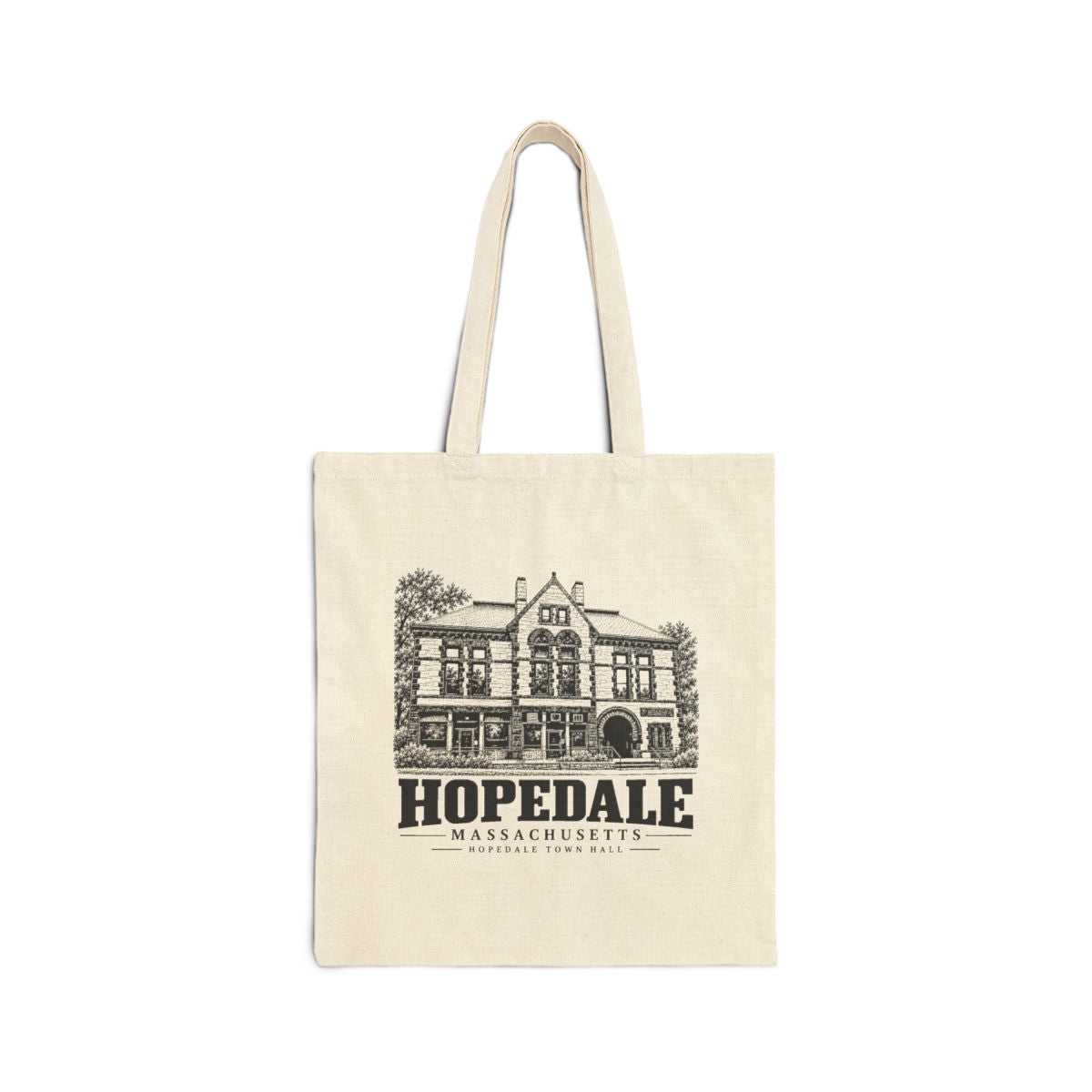 Hopedale Town Hall on Natural Liberty Bags OAD113 heavy canvas tote, front view