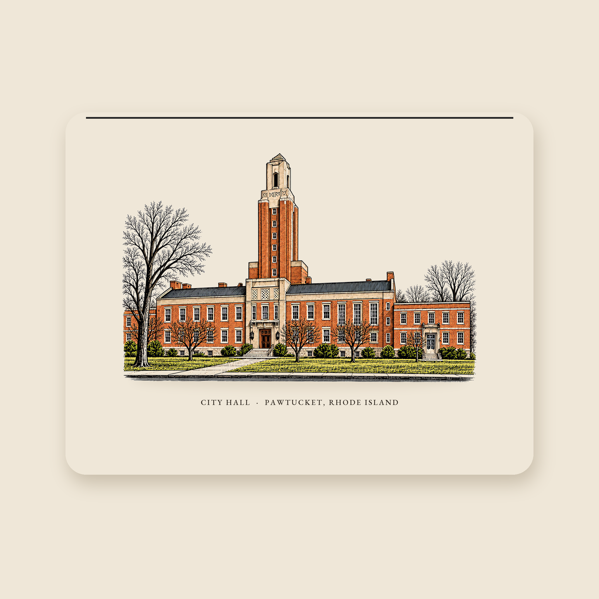 Pawtucket City Hall Laptop Sleeve illustrated design shown on a cream background