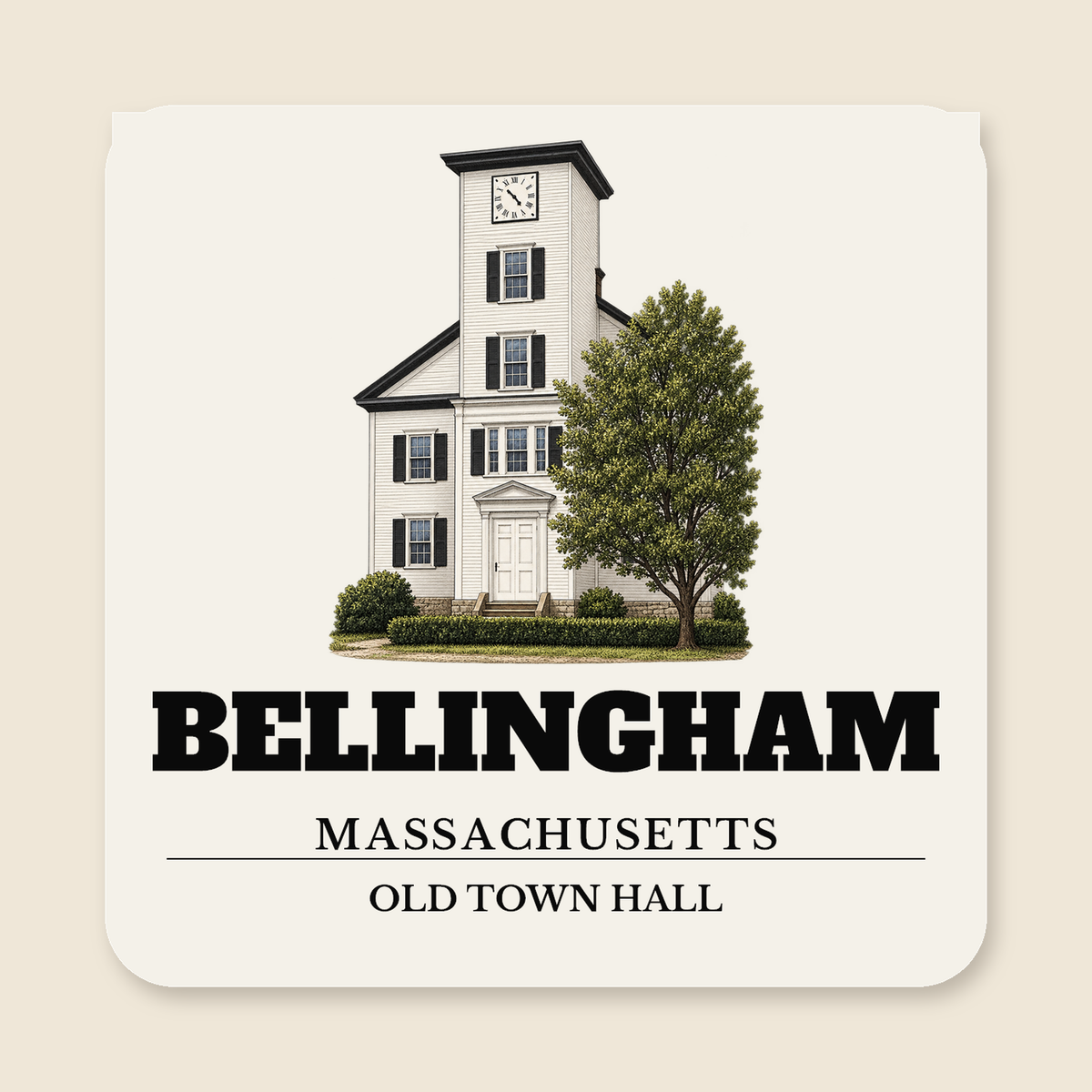 Bellingham Old Town Hall engraved illustration on a 4 inch square vinyl magnet, cream display background