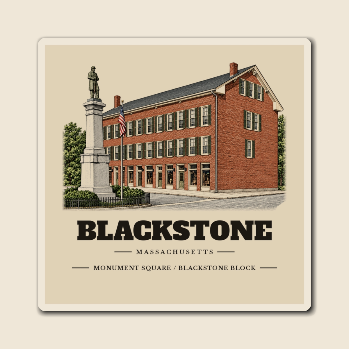 Blackstone Monument Square / Blackstone Block engraved illustration on a 4 inch square vinyl magnet, cream display background