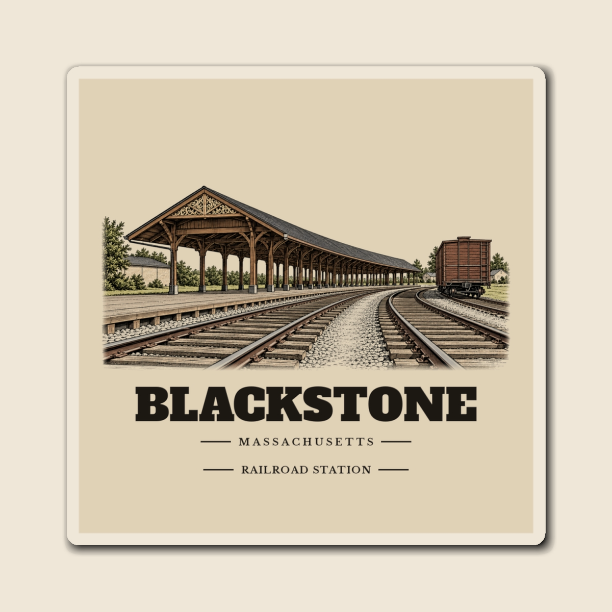 Blackstone Railroad Station engraved illustration on a 4 inch square vinyl magnet, cream display background