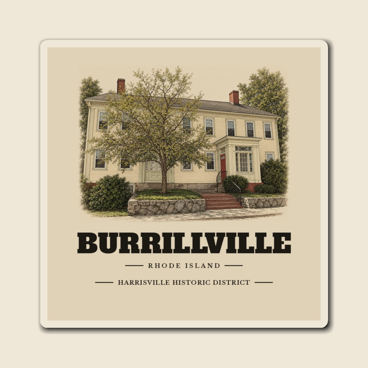 Burrillville Harrisville Historic District engraved illustration on a 4 inch square vinyl magnet, cream display background